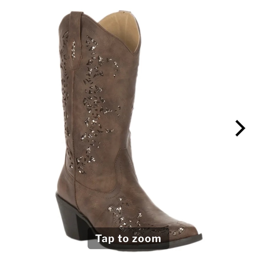 Roper Women's Tan Faux Leather with Gold Metallic Inlay Snip Toe Cowboy Boot
